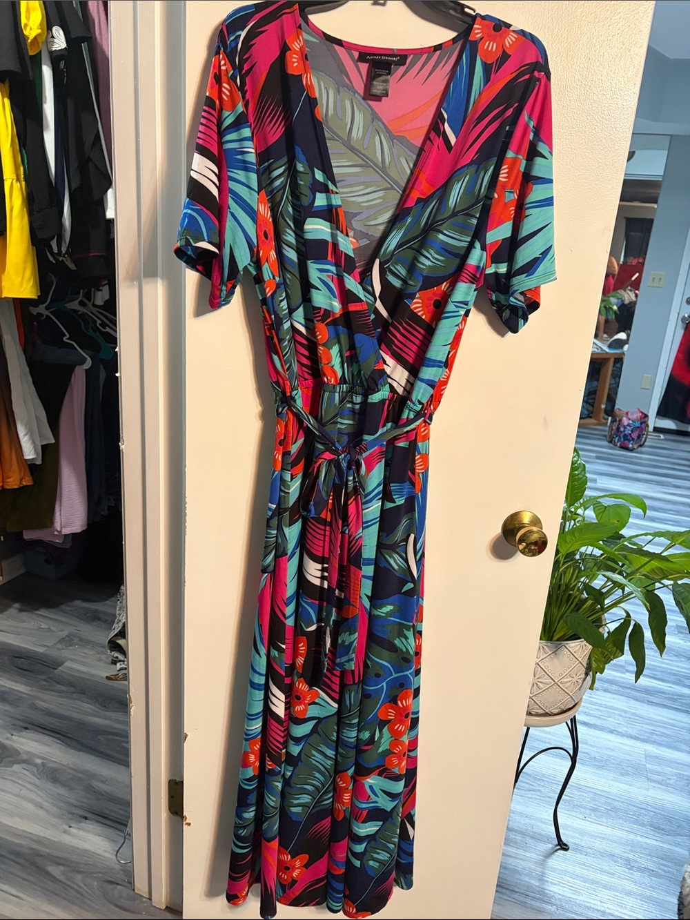 Ashley Stewart Vibrant Floral Wrap Maxi Dress in Pink, Blue & Green